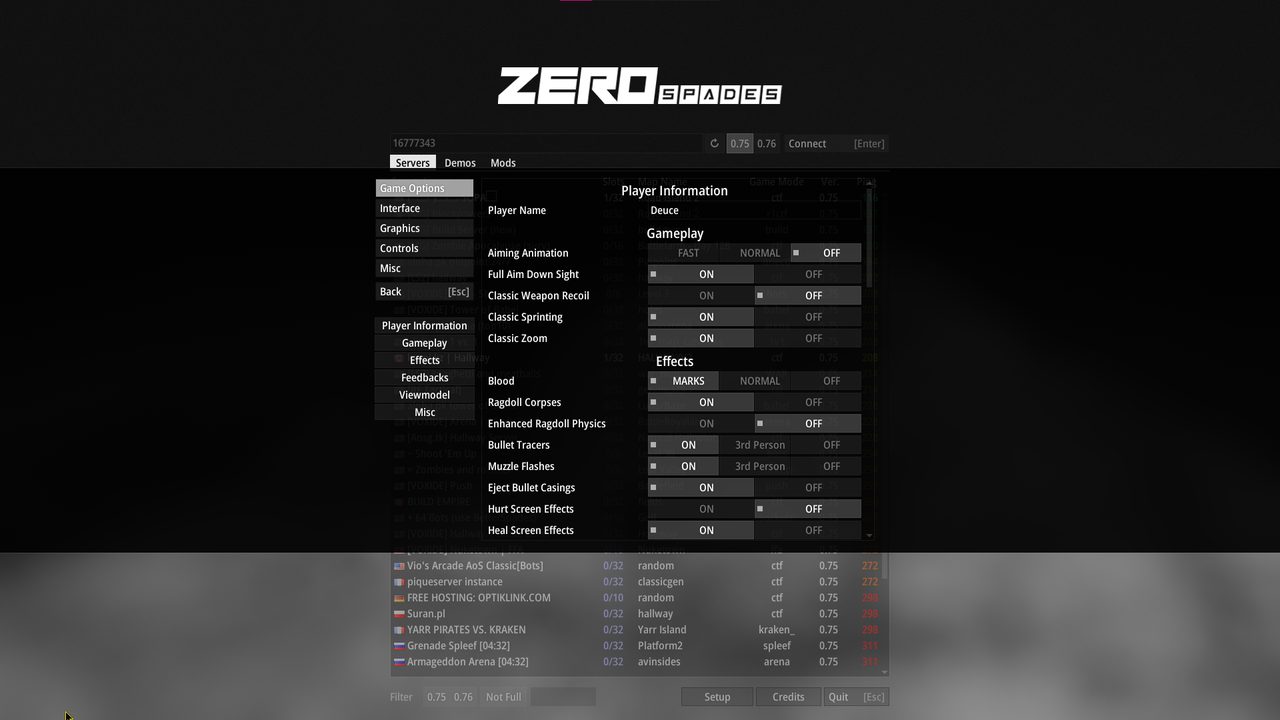 Game options screen