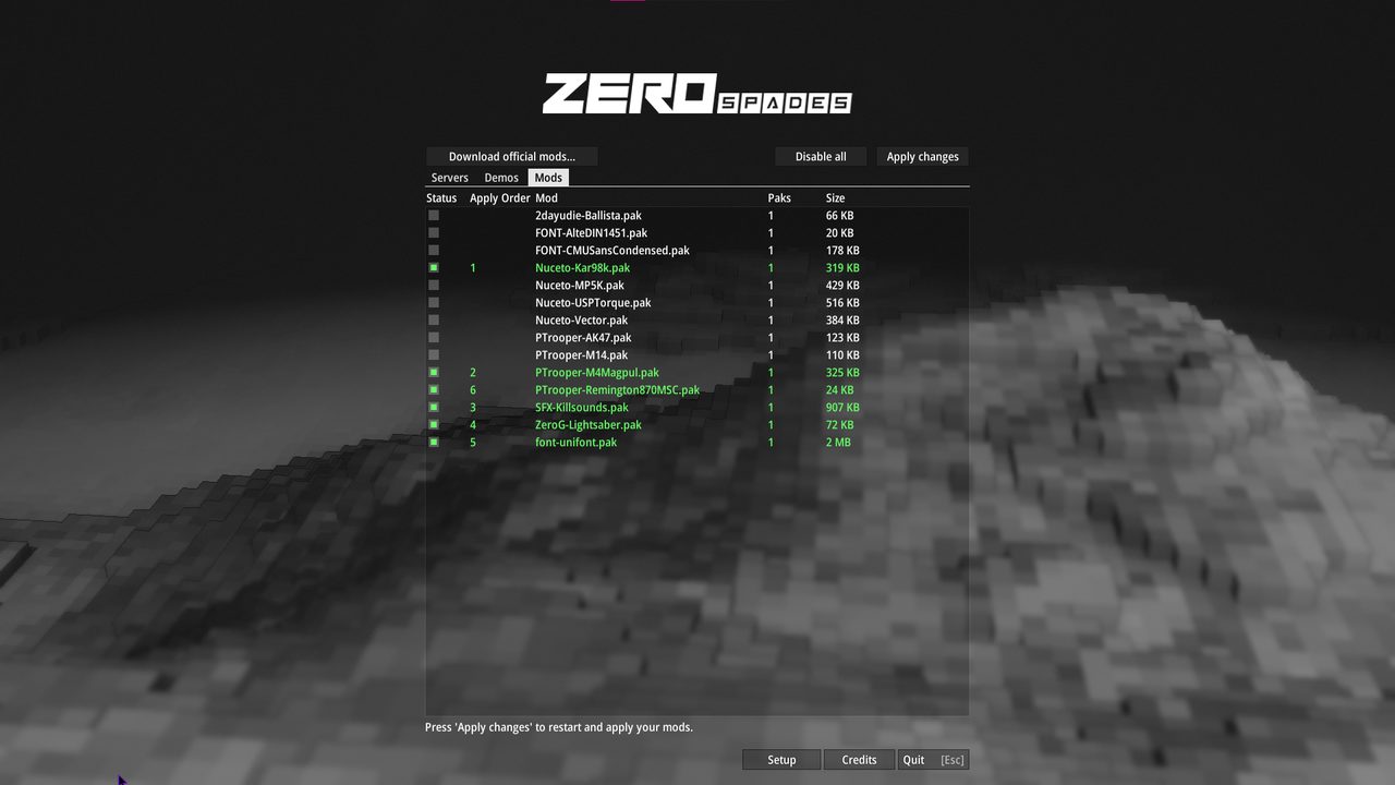 Mods screen