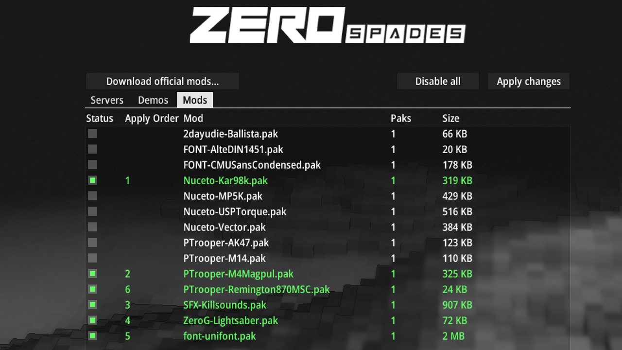 ZeroSpades Mods screen